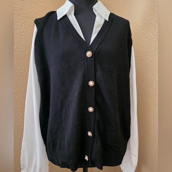 Adrianna Papell Tops - Adrianna Papell Black Button Down Sweater Vest Long Sheer Sleeves Classy Size L